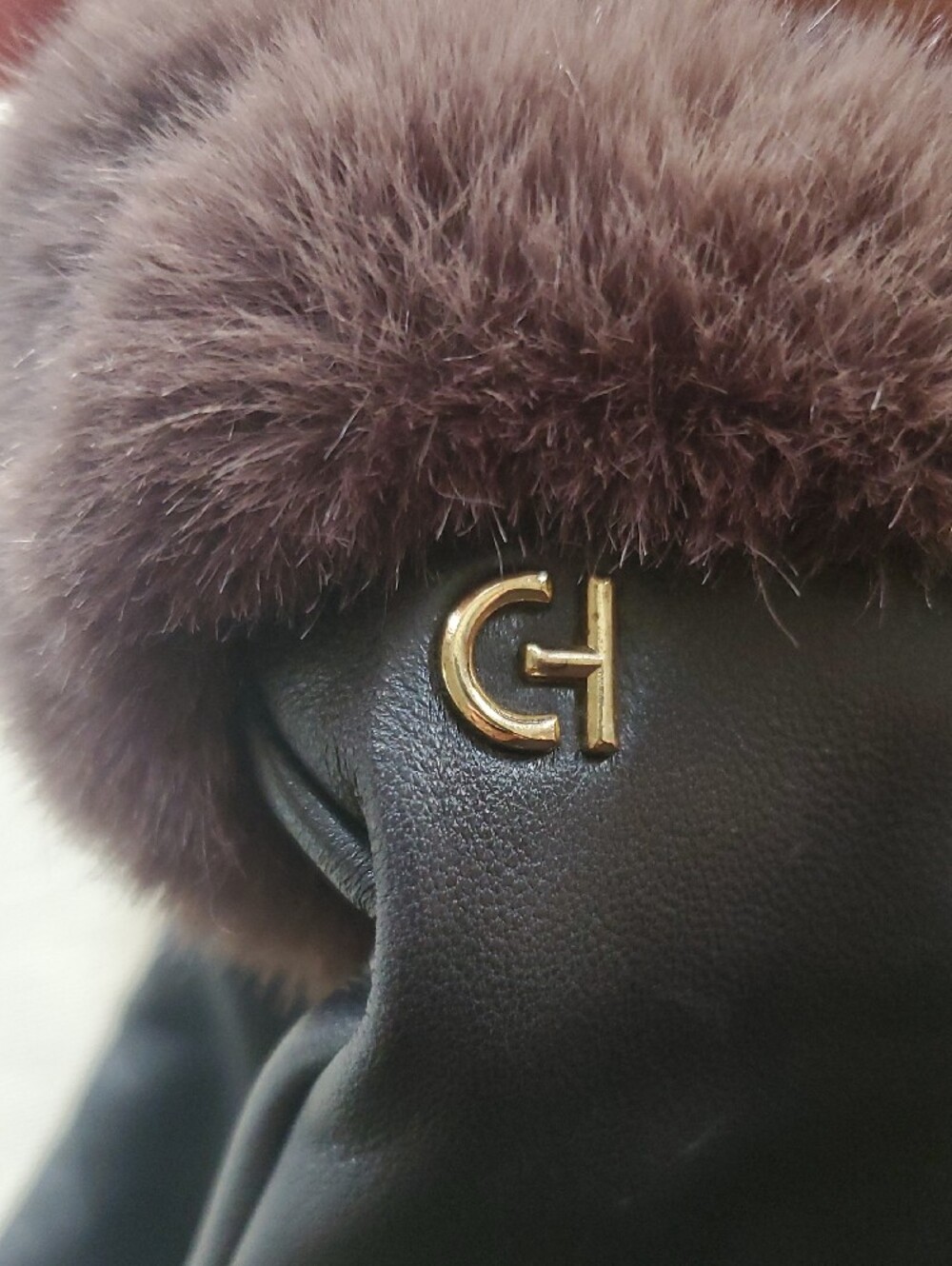 Cole Haan Leather Gloves with Fur Cuff and Gold Logo